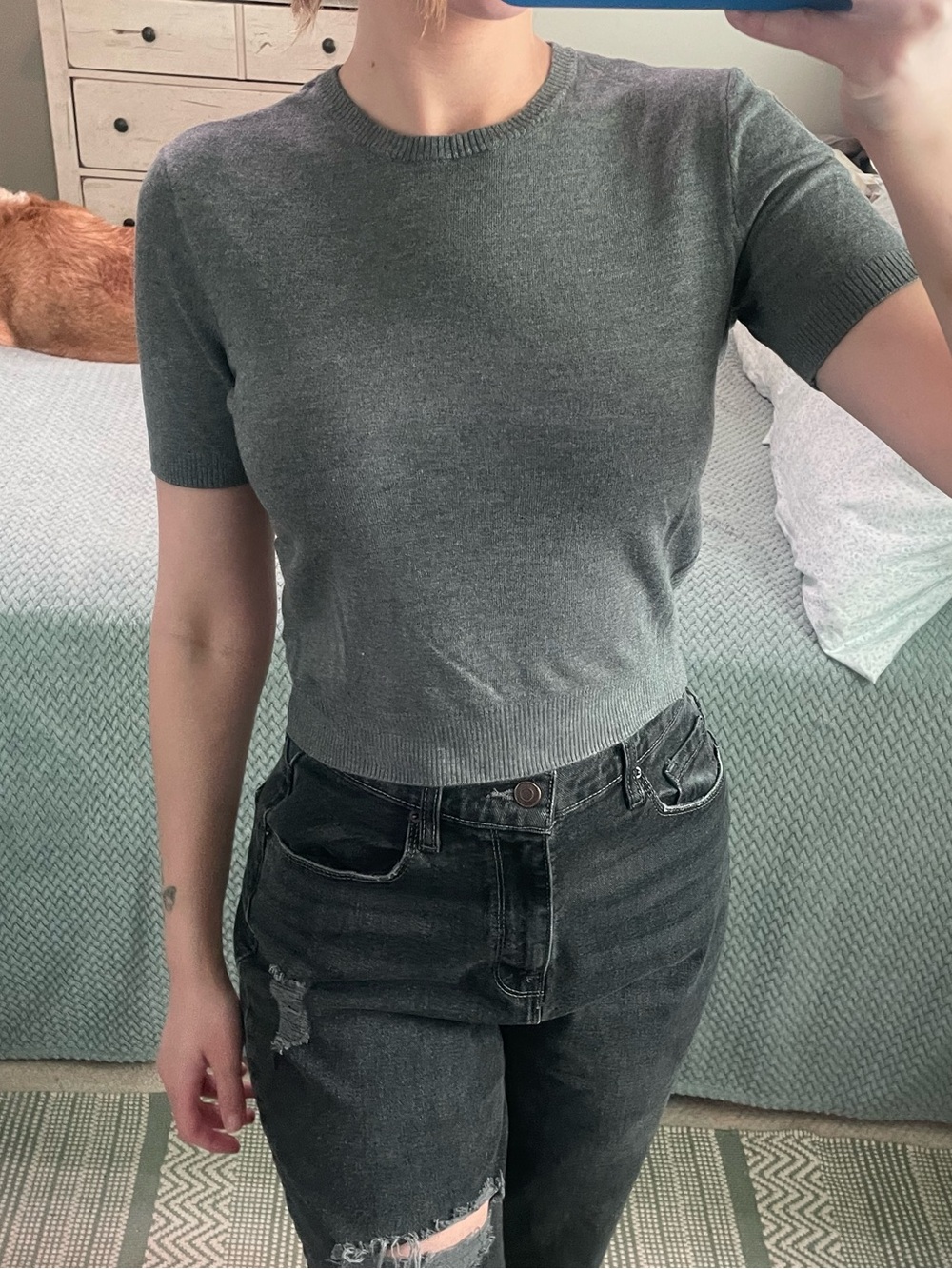 Divided Crewneck Short-Sleeve Top - Gray